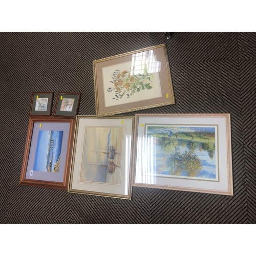 384 - Assortment of framed prints, gilt framed mirror, etc.