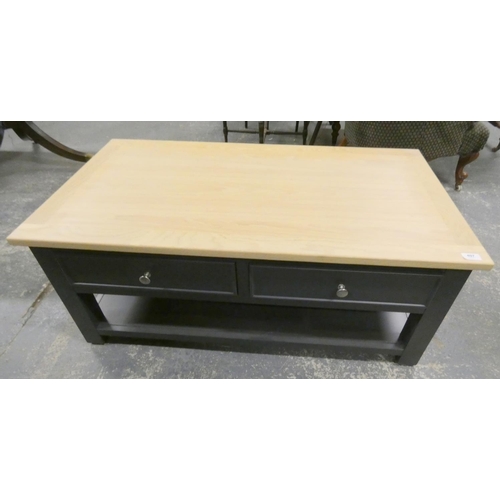 497 - Modern light oak top painted two drawer coffee table.