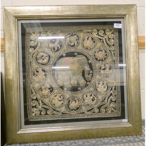 512 - Eastern Thai framed Kalaga elephant tapestry.