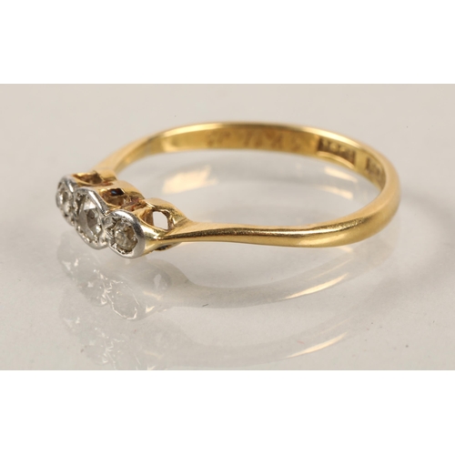 69 - 18ct gold three-stone diamond ring, 2.2g.