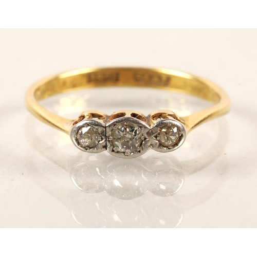 69 - 18ct gold three-stone diamond ring, 2.2g.