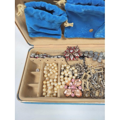 111 - Box of costume jewellery to include a Ciro simulated pearl necklace with a 9ct gold clasp. 