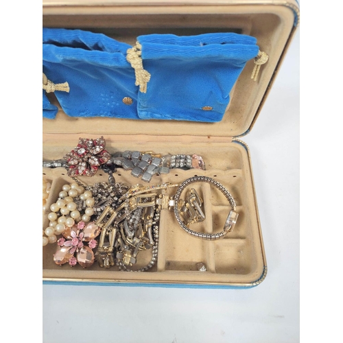 111 - Box of costume jewellery to include a Ciro simulated pearl necklace with a 9ct gold clasp. 