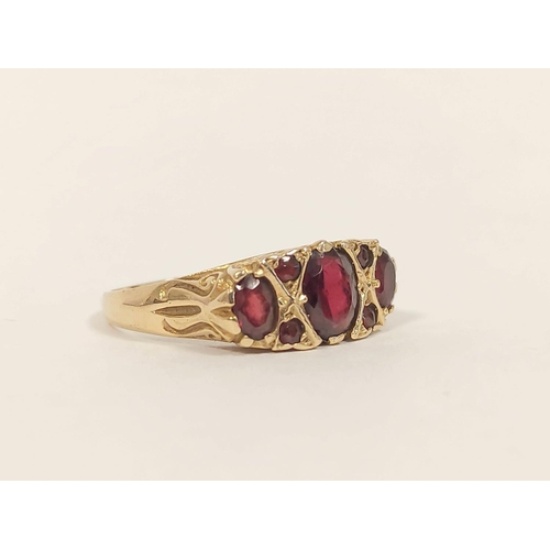 117 - Garnet three stone ring in 9ct gold and another with garnets. Sizes 'Q' 3.3g