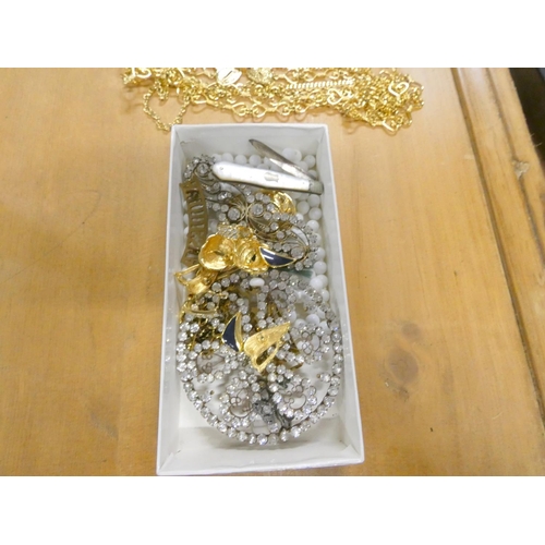 168 - Box of costume jewellery including choker and silver fruit knife.