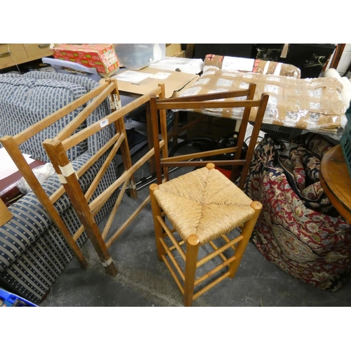 453 - Two vintage clothes airer and a rush seat stool.