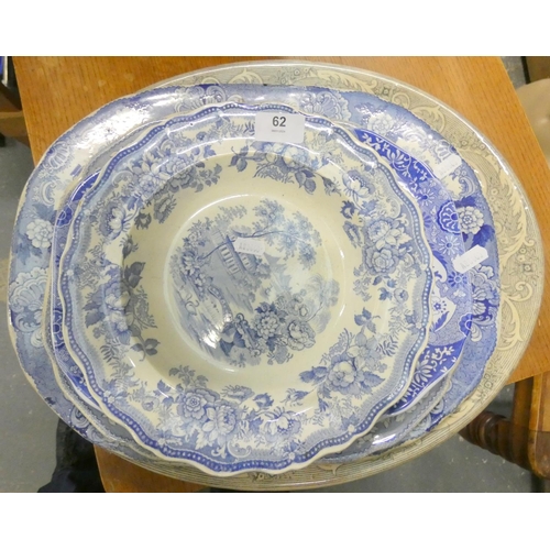 62 - J M P & Bell blue and white ashet another by Copeland Spode and two others also a W Barker and S... 