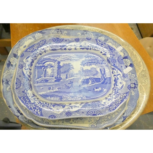 62 - J M P & Bell blue and white ashet another by Copeland Spode and two others also a W Barker and S... 