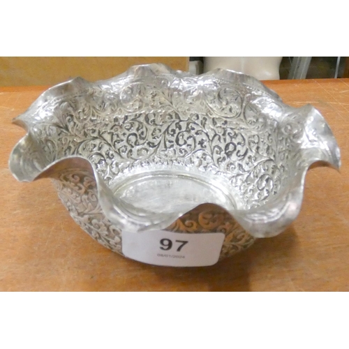 97 - Indian white metal embossed bowl.