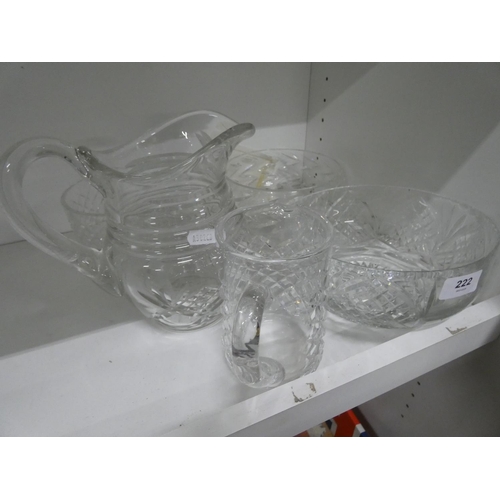 222 - Two glass jugs and a fruitbowl