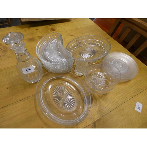 226 - Set of six crescent cut glass dishes, a decanter, various ice plates, bowls etc.