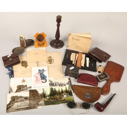 142 - Various items including vintage wallets, telegrams, Mauchline ware pocket watch stand, pipe, autogra... 