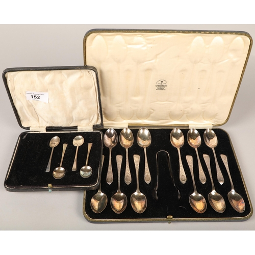 152 - Twelve silver teaspoons and sugar tongs, London 1961 in case, with four silver tea spoons