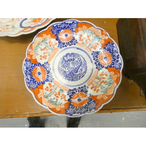 278 - Two large Imari chargers circ. 1850's 30cm dia. and a Imari Dish. 21cm