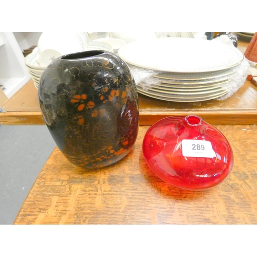 289 - Scandinavian style red glass vase and studio pottery vase.