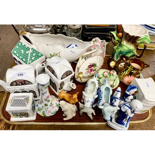 249 - Assorted tray to include novelty teapots, Beswick figures, various ceramics, etc