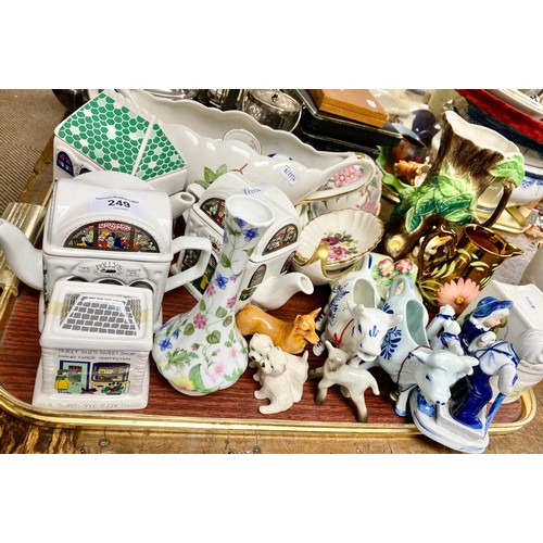 249 - Assorted tray to include novelty teapots, Beswick figures, various ceramics, etc