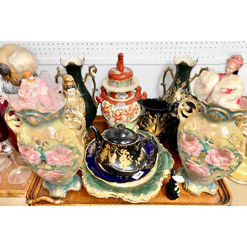 245 - Two pairs of twin-handled vases, Oriental Koro, S.JB three-piece tea set and other decorative plates