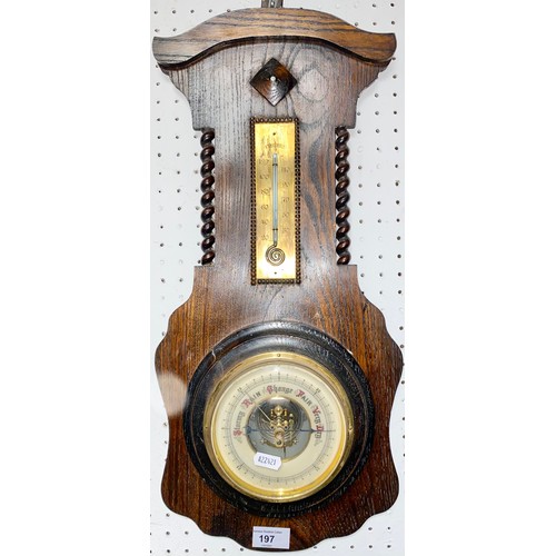 197 - Carved oak circular barometer, mounted on a plaque with thermometer 