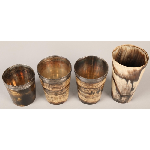 156 - Three silver topped and lined horn beaker with another (4)