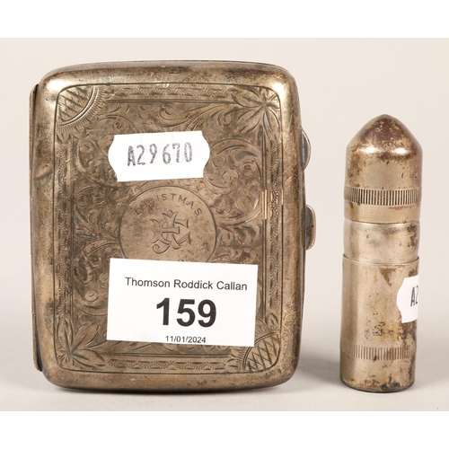 159 - Silver cigarette case, Birmingham 1918, 89 grams, Sterling silver lighter in the form of a bullet (2... 