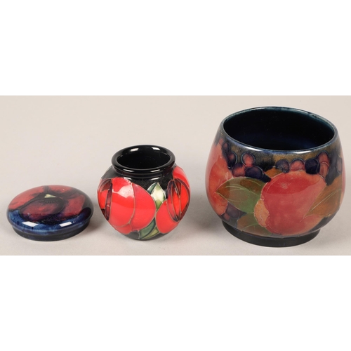 165 - Small Moorcroft vase, 5 cm, Moorcroft bowl, 7 cm high, Moorcroft lid (3)