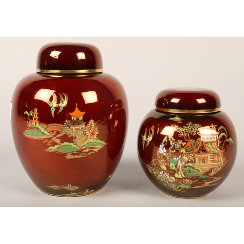 166 - Large Rouge Royale ginger jar and cover, 20 cm high, another similar, 15 cm high (2)