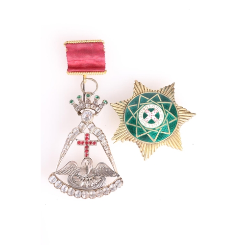 389 - Masonic jewels to include a rose croix jewel in the form black and white eagle holing sword with nam... 