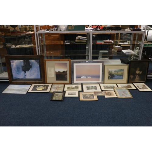 14 - Group of paintings and prints to include a watercolour of a fisherman, etc. (10+)