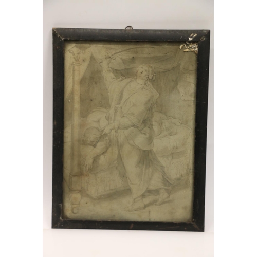 19 - 18TH CENTURY SCHOOL Figure holding sword aloft before a figure on a bed Ink drawing, unsigned, 27cm ... 