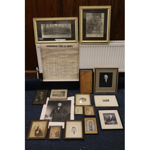 21 - Box of pictures to include an old photograph of a Scottish regiment in military uniform wearing Glen... 