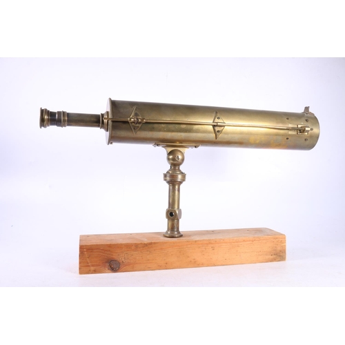 22 - James Short of London portable reflecting brass telescope, (missing lens), dated 1739 mounted on pin... 