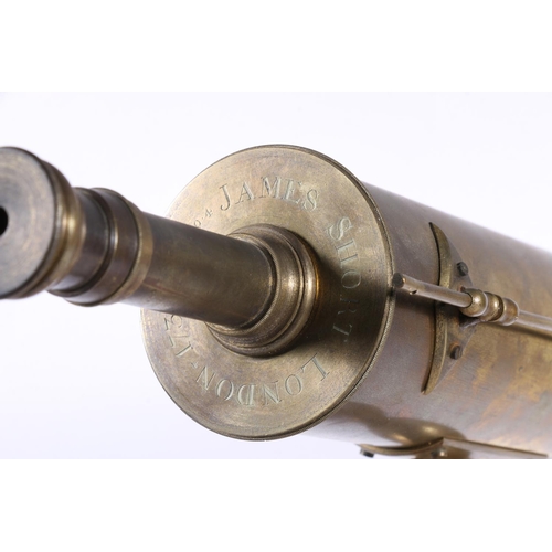 22 - James Short of London portable reflecting brass telescope, (missing lens), dated 1739 mounted on pin... 