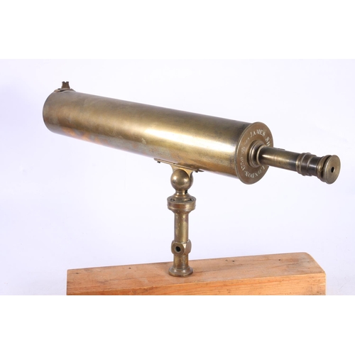 22 - James Short of London portable reflecting brass telescope, (missing lens), dated 1739 mounted on pin... 