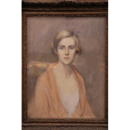 5 - E HARRISON Half length portrait of a lady wearing salmon pink gown Watercolour, signed lower right, ... 