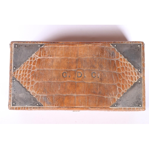 56 - Victorian crocodile skin effect leather hinge top cigarette box with silver corners by C&W, Edin... 