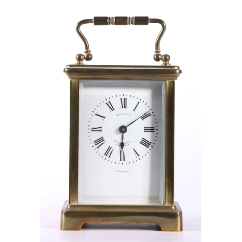 59 - French brass carriage clock with white enamel dial with Roman numeral chapter ring, retailed by Broo... 