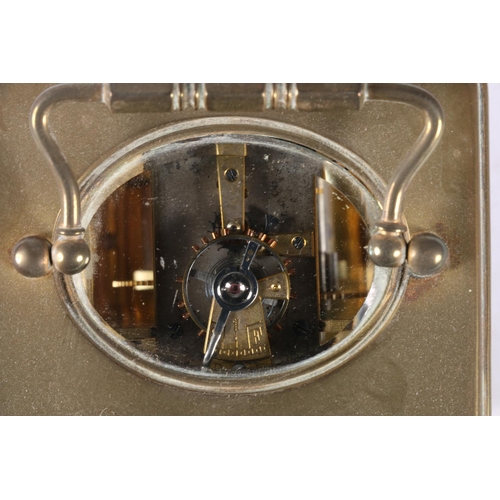 59 - French brass carriage clock with white enamel dial with Roman numeral chapter ring, retailed by Broo... 