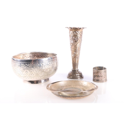 61 - Eastern white metal bowl, two white metal table salts modelled as scallop shells with dolphin suppor... 