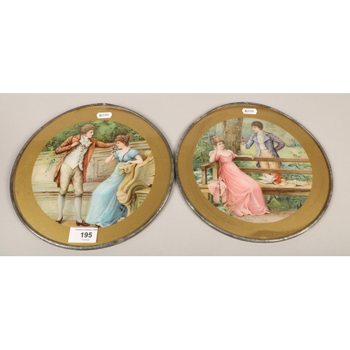 195 - Pair of circular framed coloured classical prints of courting couples