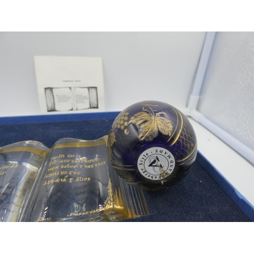 115 - Saint Louis Domesday book limited edition paperweight and Faberge style glass paperweight.