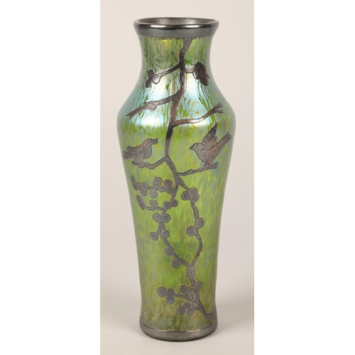 188 - Loetz style glass vase with white metal bird and foliage decoration, 24 cm high