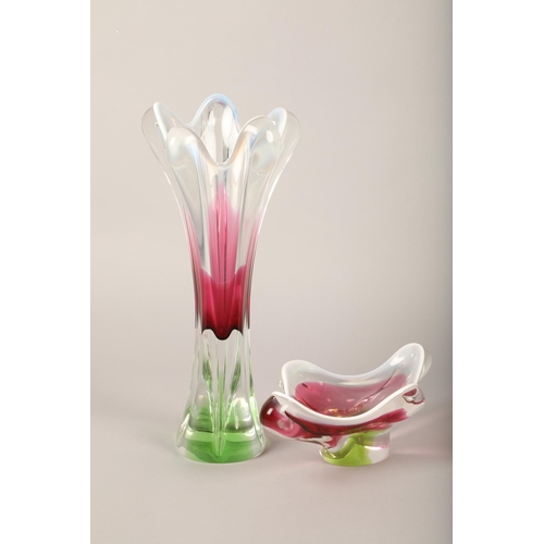 190 - Studio glass vase, 37 cm high with bowl, (2)