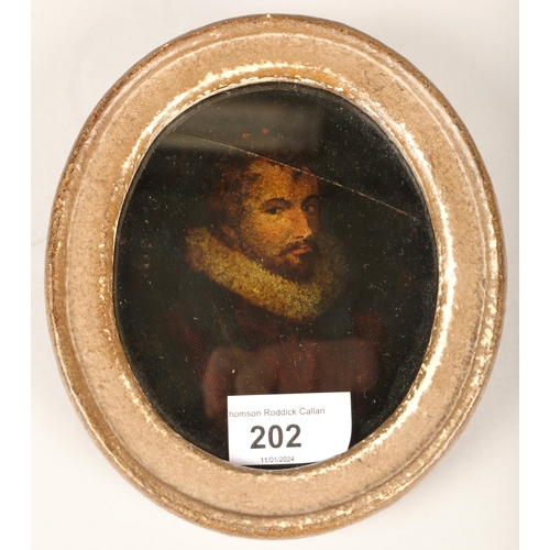 202 - Oval framed miniature of a gentleman with white ruff