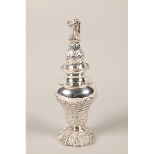 170 - Silver plated sugar shaker with cherub and dolphin motif finial, 23 cm high