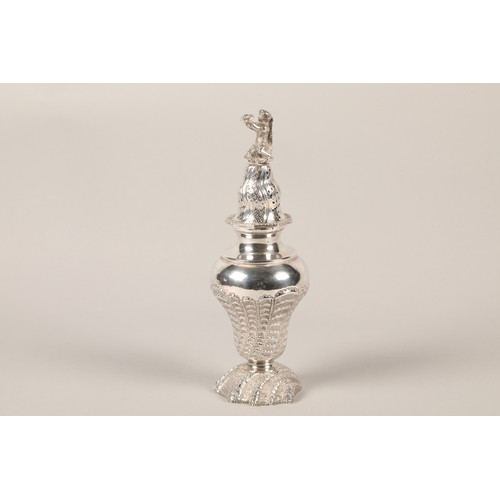 170 - Silver plated sugar shaker with cherub and dolphin motif finial, 23 cm high