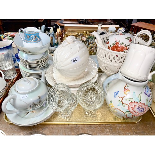 256 - Assorted ceramics to include Oriental tea set, crystal sundae dishes, jug, etc