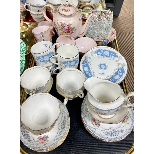 303 - Assorted teware, coffee service pieces, crystal ashtrays, etc