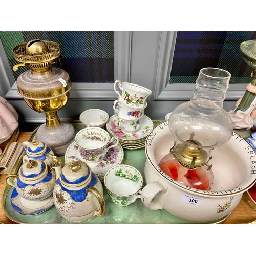 300 - Brass oil lamp, Royal Albert teaware, other oil lamp, etc 