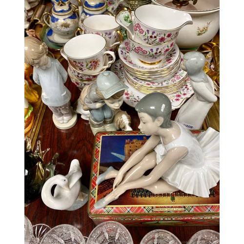 299 - Nao figure, Lladro figures, Colclough part tea set, Edinburgh Castle Military Tattoo biscuit tin, et... 